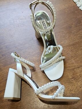 Badgley Mischka Pearl-Embellished White Block Heel Sandals